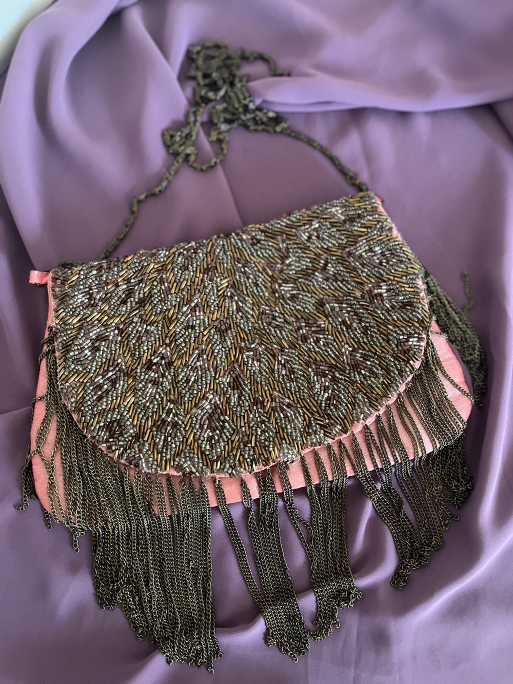 Embellished Pink Beaded Fringe Crossbody Bag